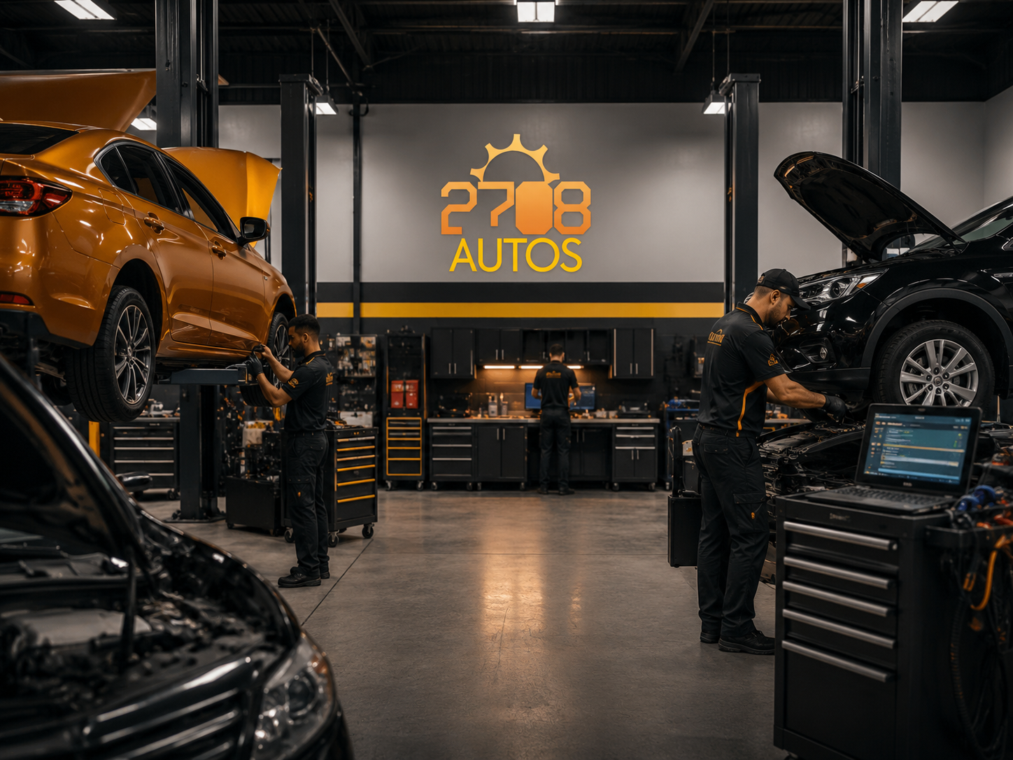Modern auto repair workshop with vehicles being serviced